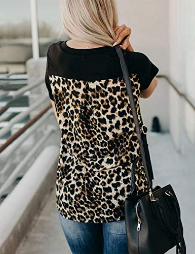 Blooming Jelly Women's Leopard Print Tops Casual Summer Loose V Neck Shirts Short Sleeve Blouses With Pocket (Medium, Black) #TOP4