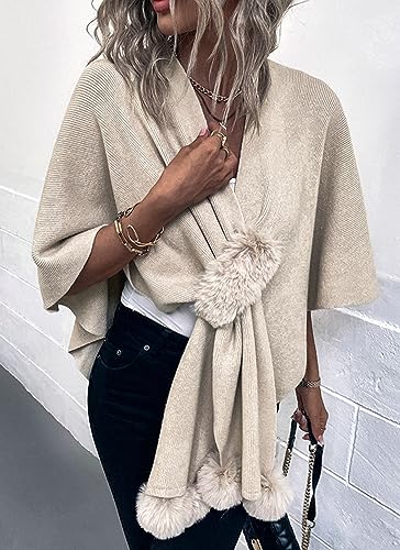 Fashion Cape Shawls for Women Faux Fur Pom Pashmina Wrap Large Scarves Open Front Poncho Cape Soft Cardigan Sweaters2