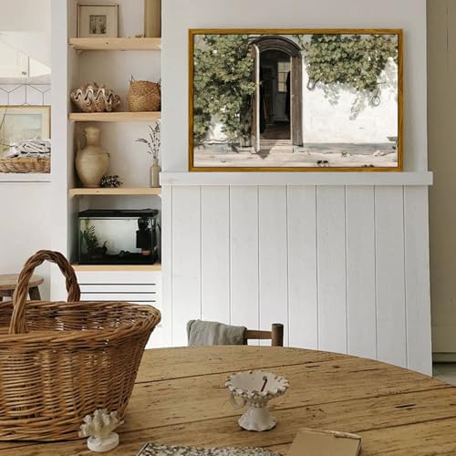 crmotu Vintage Framed Wall Art, Country Landscape Canvas Prints, Grapevine Gate Rustic Farmhouse Decor Painting, Nature Green Scenery Pictures Wall Decor Living Room Bedroom Bathroom Office 20x30in