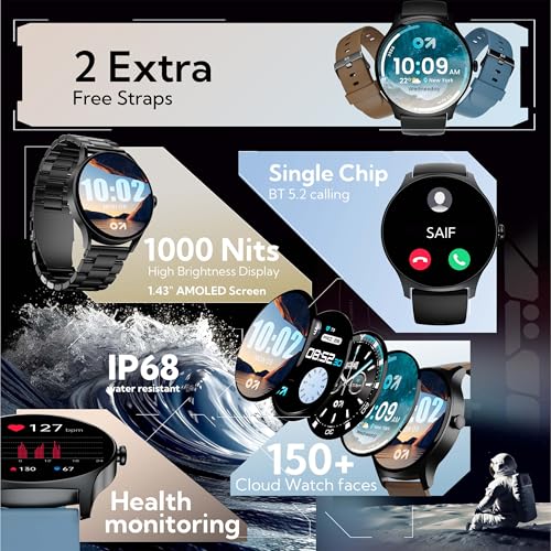 Image of GOBOULT Rover Pro Smartwatch 1.43'' AMOLED, BT Calling 5.3, 1000 Nits Brightness, IP68, 150+ Watchfaces, 120+ Sports Modes, AI Voice Assistant, SpO2 Monitoring (Coal Black)