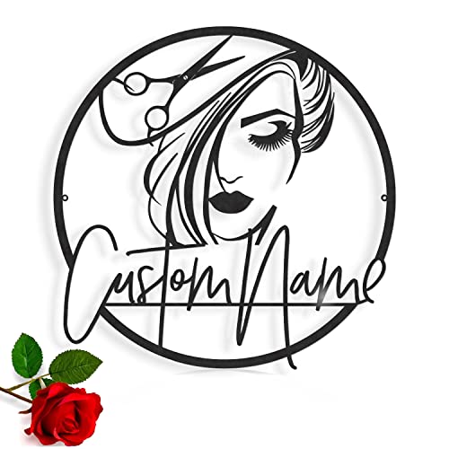 Personalisierte Friseursalon-Schild mit hübscher Frau und Schere - Dekoratives Wandschild für Friseure - Wanddeko für Barbershops und Schönheitssalons - Einzigartiges Geschenk - Türschild (Design 1)