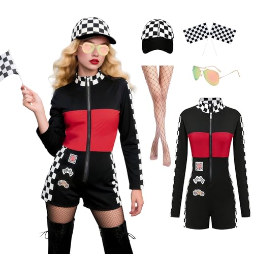 Joyincoser Rennfahrer Kostüm Damen Sexy Rennanzug für Frauen, Motorsport & Kart Cosplay Outfit, Halloween Kostüm Frau für Karneval Party (Medium)