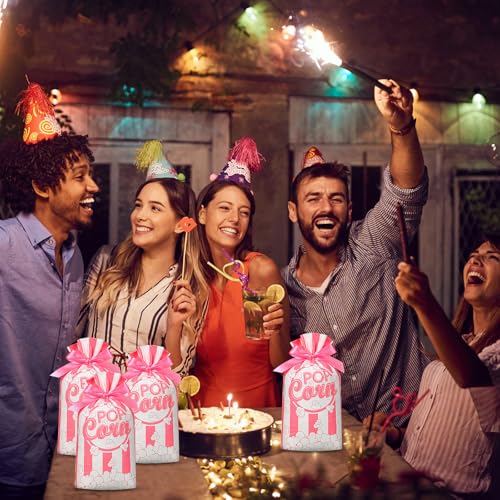 Image of 50 Pcs Popcorn Plastic Bags Circus Carnival Party Goodie Bags Bulk Movie Night Popcorn Container for Carnival Movie Night Theater Halloween Party Supplies (Pink)