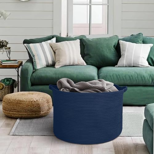 Image of MEGASKET Dark Blue Basket for Organizing, 22 inch x 14 inch Extra Large Woven Cotton Rope Laundry Basket, Blanket Storage for Living Room Bedroom, Big Nursery Kids Toy Box Organizer, Pool Towel Storage Bin