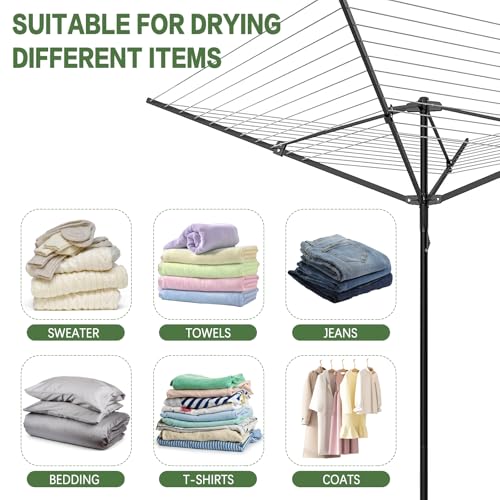 Umbrella Clothesline Outdoor, Rotary Retractable Clothes Line Outdoors Adjustable Height Drying Rack Clothing 4 Arms 12 Lines with 165 Feet Heavy Duty Outdoor Clothesline for Backyard - Image 6