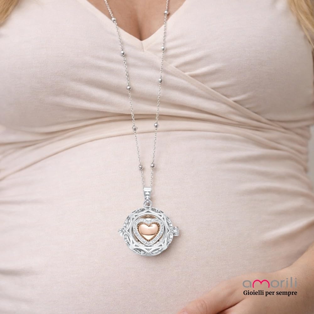 Collana Chiama Angeli Donna Gravidanza in Bronzo Placcato Argento – Ciondolo Cuore con Zircone Centrale – Gioiello Premaman Scintillante e Luccicante – Idea Regalo Dolce Attesa - cll1587