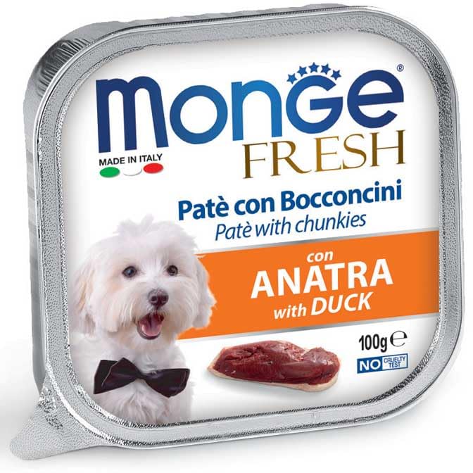 Monge Fresh Paté con Bocconcini con Anatra, Cibo Umido per Cani, 12 vaschette da 100 g l'una
