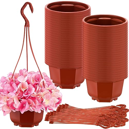 Roshtia 50 Pcs Plastic Hanging Plant Pots Hanging Plant Containers Planters with Drainage Holes and Hooks for Home Garden Balcony Porch(Brown,5.9 inch)