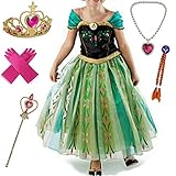 Canberries® Prinzessin Kostüm Kinder Glanz Kleid Mädchen Weihnachten Verkleidung Karneval Party Halloween Fest Set aus Diadem, Handschuhe, Zauberstab,Zopf,Halskette (110, 07 Kleid und Zubehör)