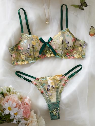 Image of Sexy Floral Embroidered Flower Mesh Underwire Push Up Lingerie Set