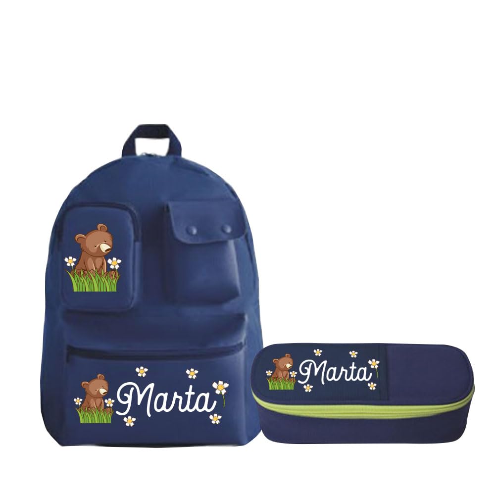 Generico Zaino e Astuccio per Bambini Combo Set 2 Pezzi con Stampa Orsetto blu e Personalizzabile con Nome asilo elementari medie ragazzi ragazze giovane scuola idea regalo natale 4