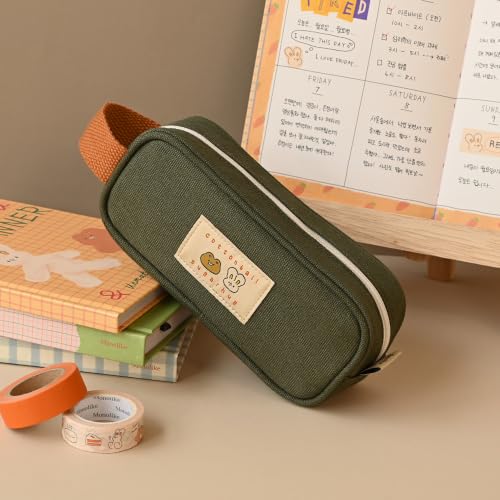 Image of Monolike Unmatched Friends Butter Pencil Case, Khaki - Structured Square Desk Organizer, Large Capacity Aesthetic Stationery Pouch & Makeup Brush Bag