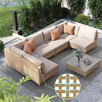 Grand patio 7-Piece Wicker Patio Furniture Set, Boho Outdoor Conversation Set Sectional Sofa with Water Resistant Thick Cushions and Coffee Table, Beige