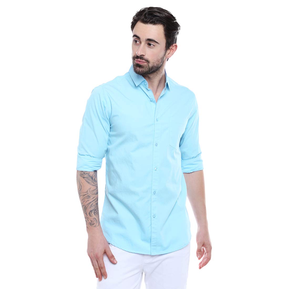 Dennis Lingo Men's Cotton Turquoise Blue Solid Casual Shirt (C301_Tblue_XL) 1