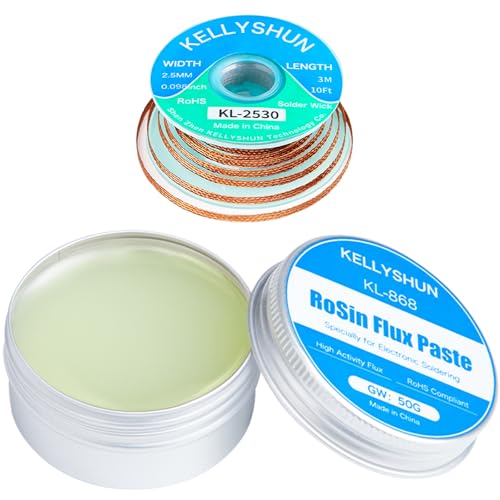KELLYSHUN KL-868 Sans Plomb Pâte à Souder Flux Soudure,50g Flux Soudure Electronique (1 Pièce),2.5MM/3M Tresse à Dessouder (1 Pièce) Compatible Avec Réparation Téléphones, BGA, SMD, Électroniques