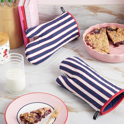 Image of kate spade new york Botanical Stripe Oven Mitt 2-Pack Set, 7 inch x 13 inch, Navy Blue /Red