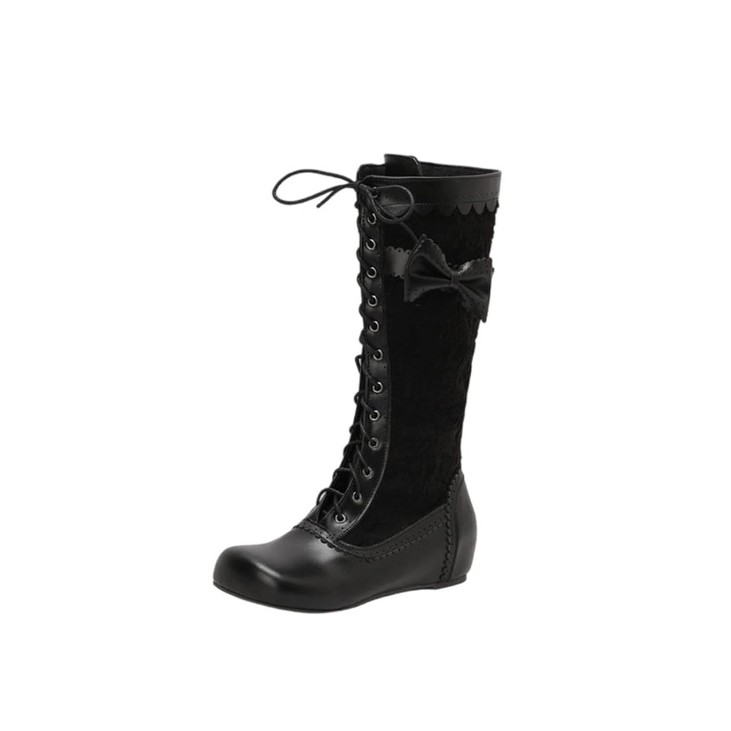 Womens Knee-High Boots with Bow Detail and Side Zipper for Winter Casual and Flat Sole