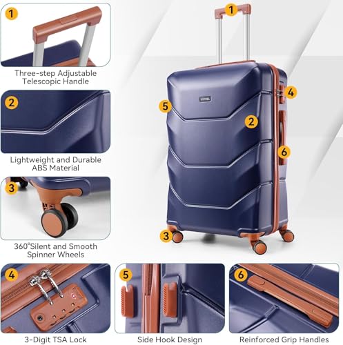Image of Hoteel luggage Sets 3 Piece Carry on Luaagae Suitcases with Spinner Whells & TSA Lock(4-YEAR WARRANTY), Carry on Suitcase ABS Hard Shell Lightweight Travel Suitcases(20in /24in /28in, Dark Blue)