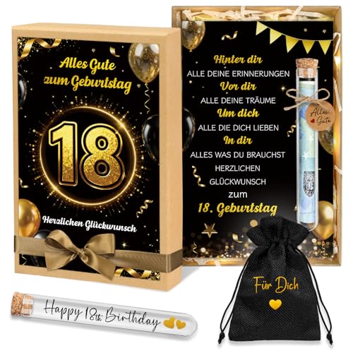 Geschenk zum 18. Geburtstag Junge Madchen, Geldgeschenke 18. Geburtstag Verpackung, Schwarz-Gold Geschenkbox mit LED Lichterkette Reagenzglas Geburtstagskarte