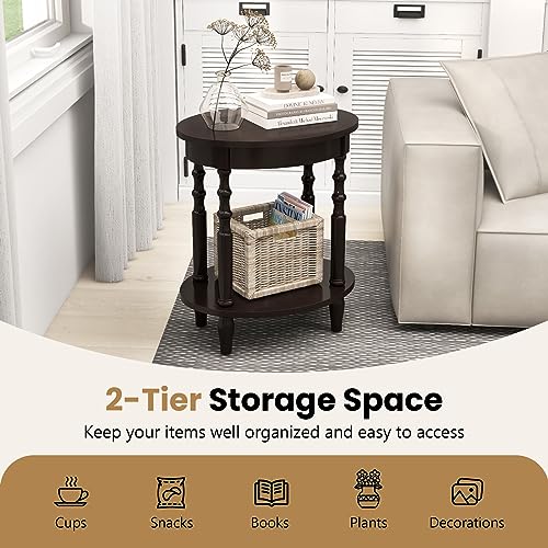 GOFLAME 2-Tier Oval End Table, Sofa Side Table with Storage Shelf, Solid Wood Legs, Modern Accent Table, Compact Nightstand for Living Room, Bedroom, Small Space, Espresso - Thumbnail 4