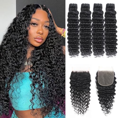 15A Human Hair Bundles with Closure Deep Wave 4 Bundles