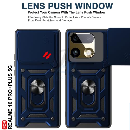 Image of AESTMO Tough Armor Realme 16 Pro Plus 5G Bumper Back Case Cover | Ring Holder & Sliding Camera Shield Cover | 360 Degree Protection Back Case Cover for Realme 16 Pro Plus 5G (Blue)