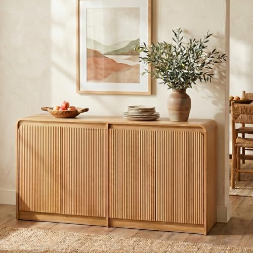 FURSUN 61" Modern Fluted Sideboard with Curved Design, 4-Door Buffet Cabinet with Adjustable Shelves, Large Wood Coffee Bar Station for Dining Room & Kitchen(Natural Oak)