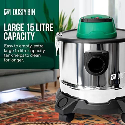 Dusty Bin Ash Vacuum Cleaner - 3 In 1 Hot Ashes Vac for Fireplace, Wood Burning Stove, Log Burner, BBQ, Fire Pit, Bagless Outdoor Car Dirt Cleaning, Blow Function & Hepa Filter, Large 15L Canister
