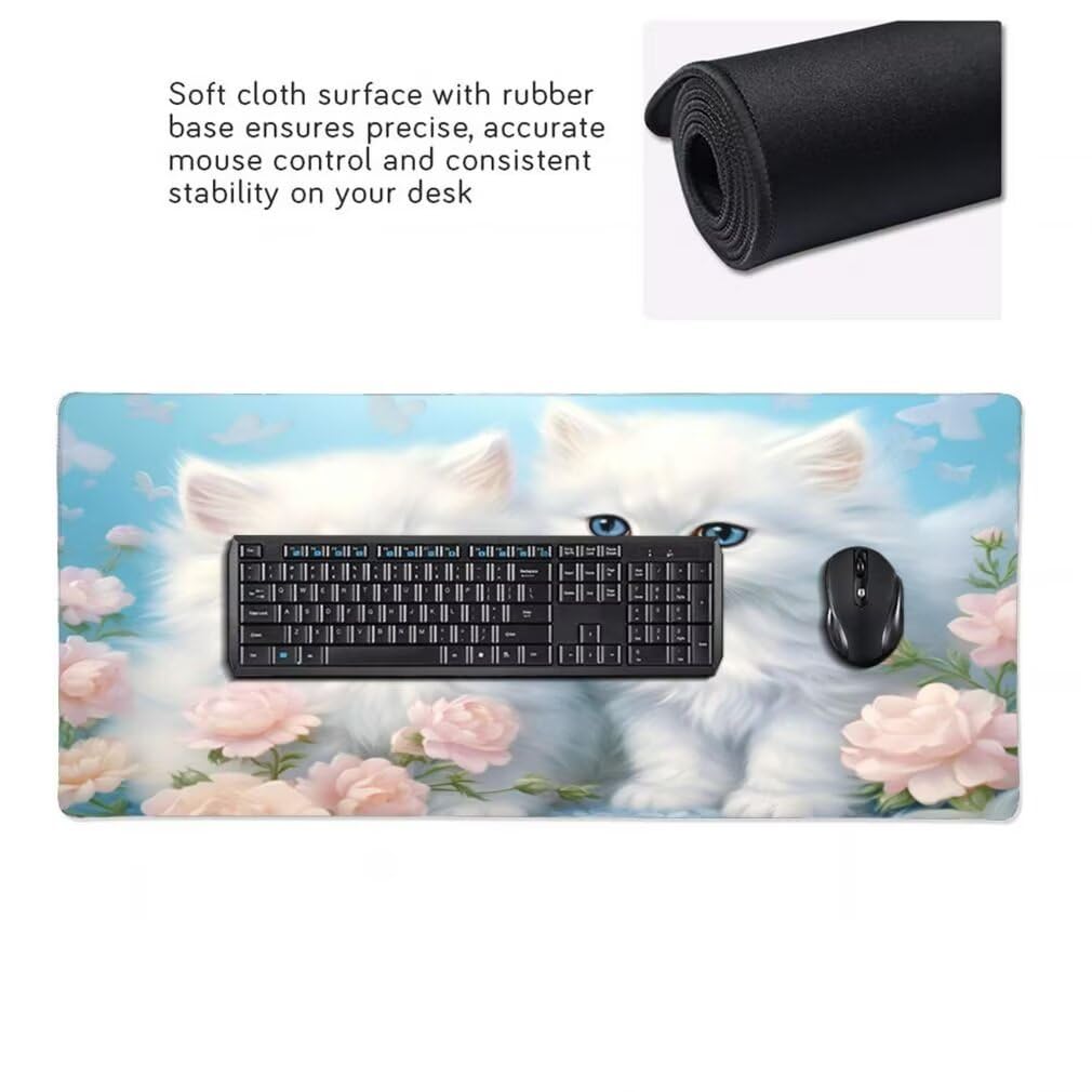 Tappetino Mouse XXL 1200x600mm Gatto Carino Grande Mouse Pad, Tappetino Scrivania Grande Mousepad Gaming con Bordi Cuciti, Tappeto Scrivania con Base Antiscivolo per Ufficio e Casa (Fiore) -MP1576