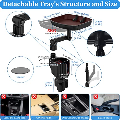 Car Cup Holder Expander Tray, 4-In-1 Detachable Upgraded Car Food Tray Table With Dual Cup Holder, Phone Holder, 360°Rotation Adjustable Base, Road Trip Essentials Car Accessories For Men And Women #TOP3