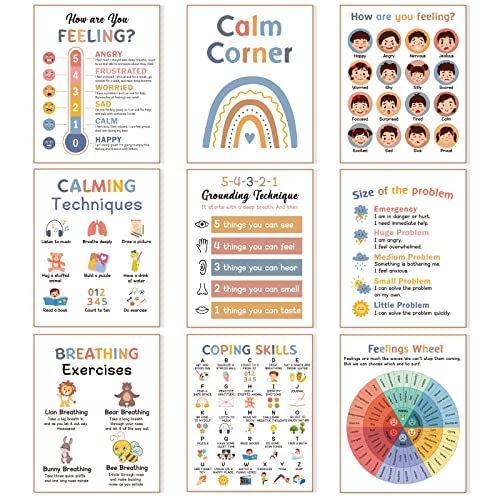 9 Calming Corner Posters Classroom, Calm Down Corner Feelings Chart for Kids, Mental Health Posters, Classroom Educational Poster Emotions Chart Coping Skills, Preschool Classroom Wall Art Decorations