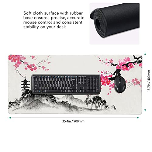 Image of Watercolor Landscape Sakura Cherry Blossom Gaming Mouse Pad 35.4x15.7inch with Stitched Edges Extended Waterproof Desk Mousepad Non-Slip Rubber Base Large Computer Keyboard Mat for Work /Office /Home