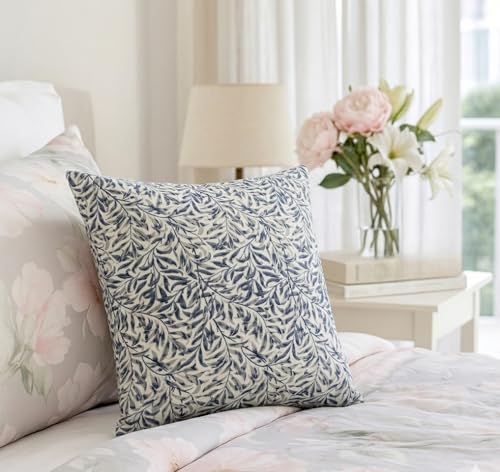 WWW.THROWPILLOW.IN Cotton Cushion Cover Blue Leaf Botanical Print Minimalist Sofa Decor Living Room Cushion Cover Soft Home Accent Large Square Cushion 22x22 Inches
