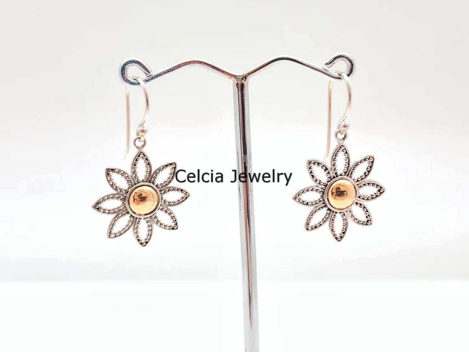 Pendientes de lágrima colgantes de flores de plata de ley 925 maciza para mujer, pendientes florales de bola de latón de dos tonos, pendientes de estilo Bali, joyería hecha a mano única