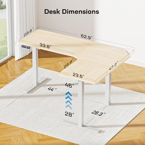 Image of HUANUO 63″ L-Shaped Standing Desk, Built-in Power Outlets, Electric Height Adjustable Corner Computer Desk, Large Power Strip Holder, Sit Stand Up Desk with 3 Preset Heights, Natural Wood