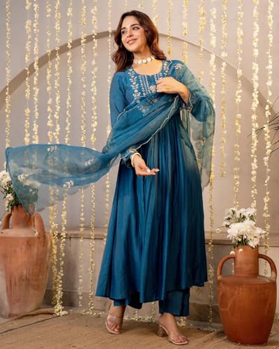 Image of Nermosa Women Embroidery Solid A-Line Kurta and Pant Set with Dupatta