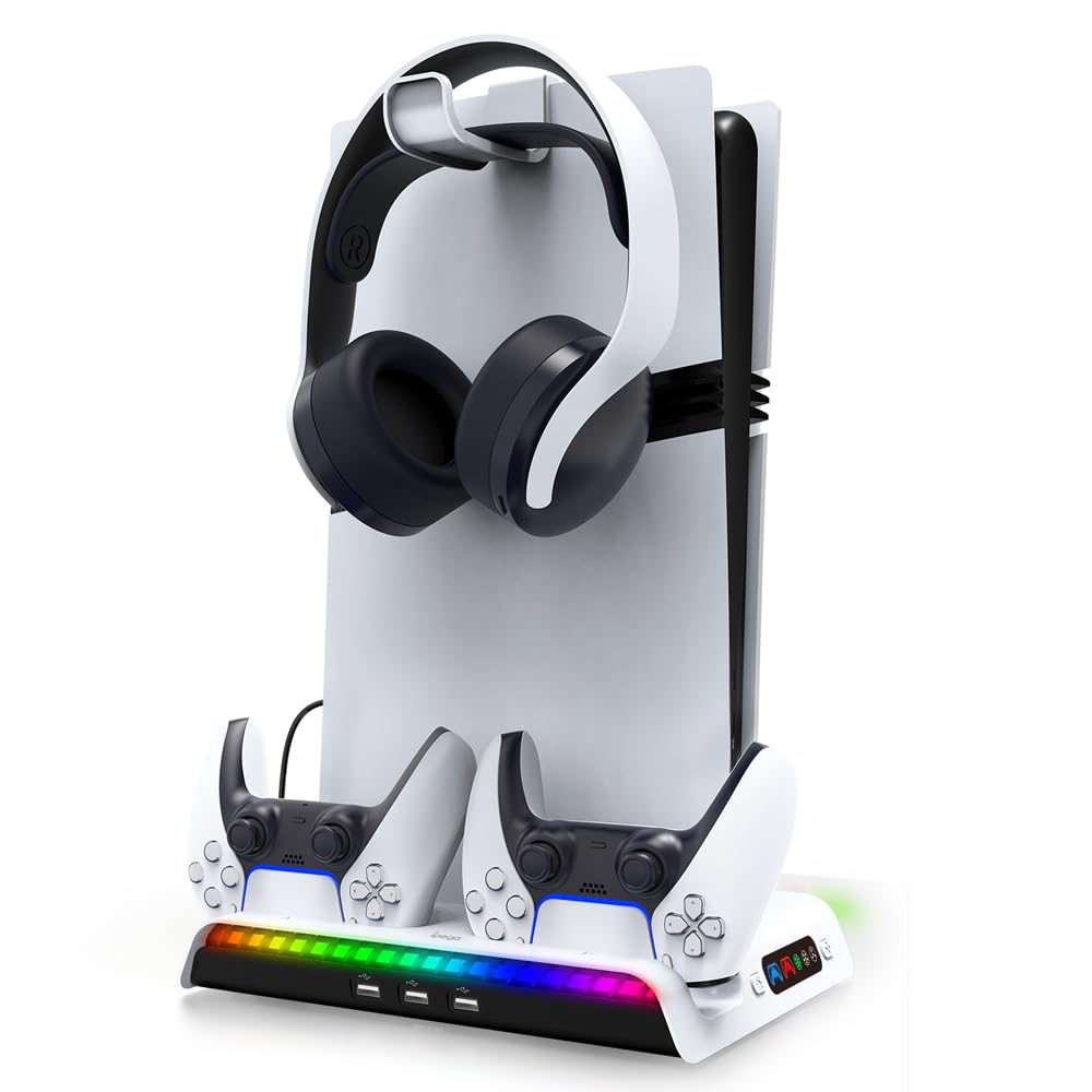 Soporte de Carga con Ventilador de refrigeración para PS5 Pro /PS5 Slim Digital/Consola de Disco, Soporte de Carga del Mando Soporte de refrigeración con Gancho para Auriculares con 9 Luces RGB