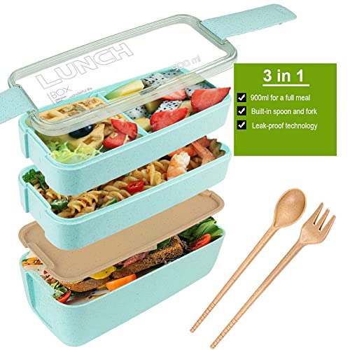 Bento Box Lunch Box, Iteryn 3-In-1 Compartment Containers - Wheat Straw, Leakproof Eco-Friendly Stackable Bento Lunch Box Meal Prep #TOP2