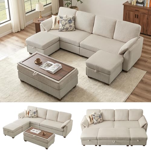 Portaforta 102.3" U Shaped Sofa with 2 Movable Ottomans & 1 Coffee Table Ottoman, Converts to Sofa Bed, Includes 2 Armrest Pillows, Corduroy Sectional Couches for Living Room (Beige)