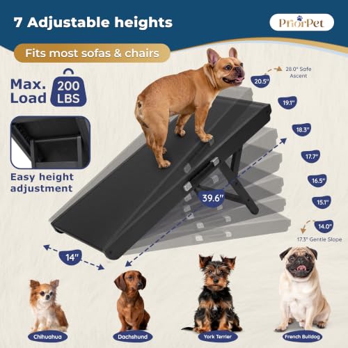 Image of Dog Ramp for Couch - Non-Slip, Sturdy Build Foldable Wooden Dog Ramp - Supports up to 200 lbs - 7 Adjustable Heights (14 inch - 20.5 inch) - Enhanced Stability - Birchwood Pet Ramp for Small Dogs - Black