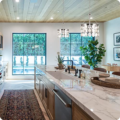 Kira Home Estelle 18" Modern Chic 3-Light Crystal Pendant Chandelier, Wavy Glass + Capiz Shell Accents, Brushed Nickel Finish #TOP2