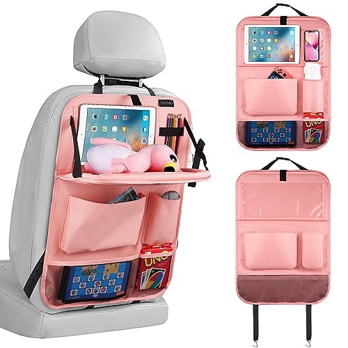 Image of LUCMO Car Backseat Organizer with Foldable Tablet Holder, Pink | 6 Storage Pockets,Foldable Food Tray,Protectors Kick Mats,Travel Accessories,Seat Cover,Road Trip Essentials