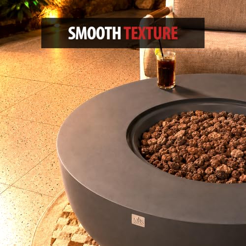 Image of AMS Creations | Eclipse 44 inch Bundle Round Cast Concrete Natural Gas Fire Pit Bowl Table | Dark Gray | Smooth Texture Surface | Electronic Ignition | Outdoor Patio Heater Outside Backyard Fireplace