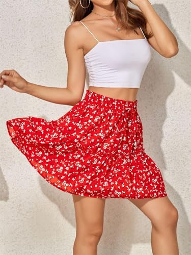 Women's Fresh Floral High Waisted Drawstring Skirt with Layered Ruffle Edges Elegant Casual Mini Skirt2