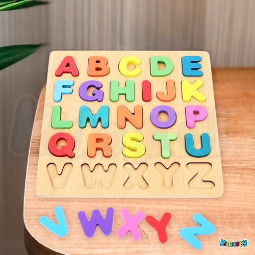 Image of Kidology Wooden Puzzles for Toddlers for Kids Preschool Learning Toys, Wooden Montessori Toddler Puzzles Wooden Alphabet, Number, Shape Puzzles for Kids 2-4 Years Old (Alphabet Puzzle)