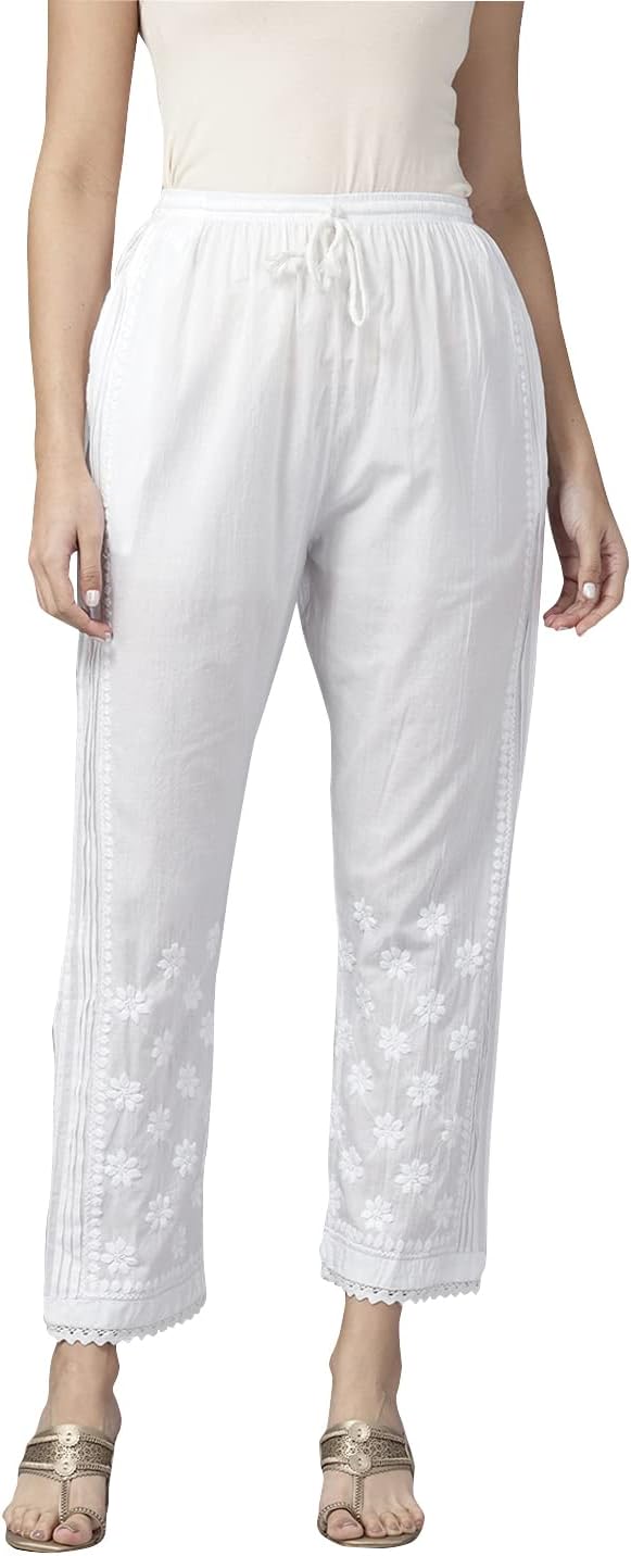 Ada Lucknow Chikankari Hand Embroidered White Cotton Palazzo Pant Culottes for Women A711172