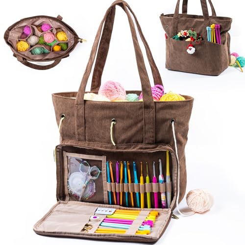 MYBAGZING Large Yarn Tote Organizer – Corduroy Knitting Storage Holder for Yarn, Hooks & Accessories, Portable Craft Carryall for Crocheting Lovers, Mother’s Day Gift
