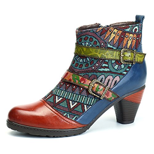 socofy bohemian sooo comfy genuine leather splicing jacquard lace up zipper big head flat boots