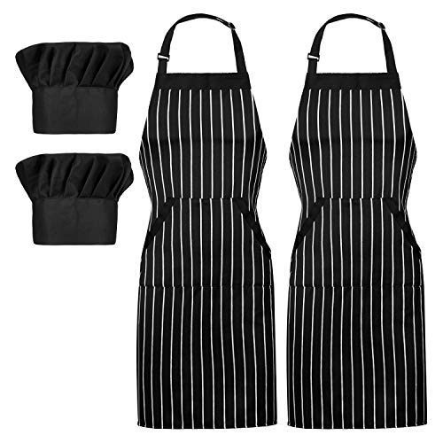Morwealth Apron and Chef Hat Set, 2 Pack Adjustable Bib Cooking Aprons Water