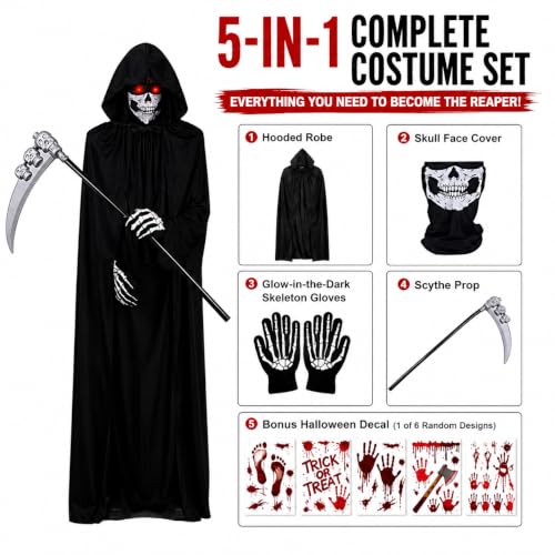 Grim Reaper Costume Adult with Scythe, Skeleton Gloves & Skull Face Cover - image 2